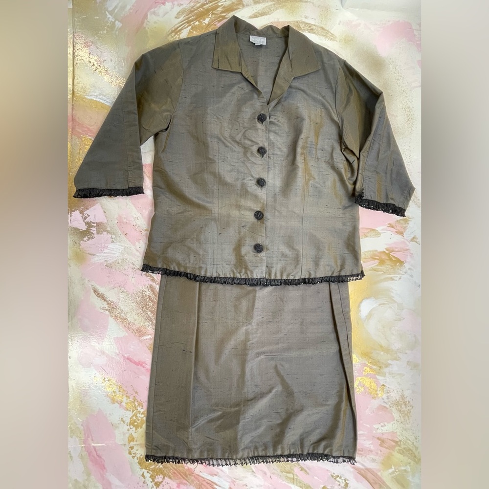Niche Nilgun Derman green ruffle trim silk top and skirt set S-L